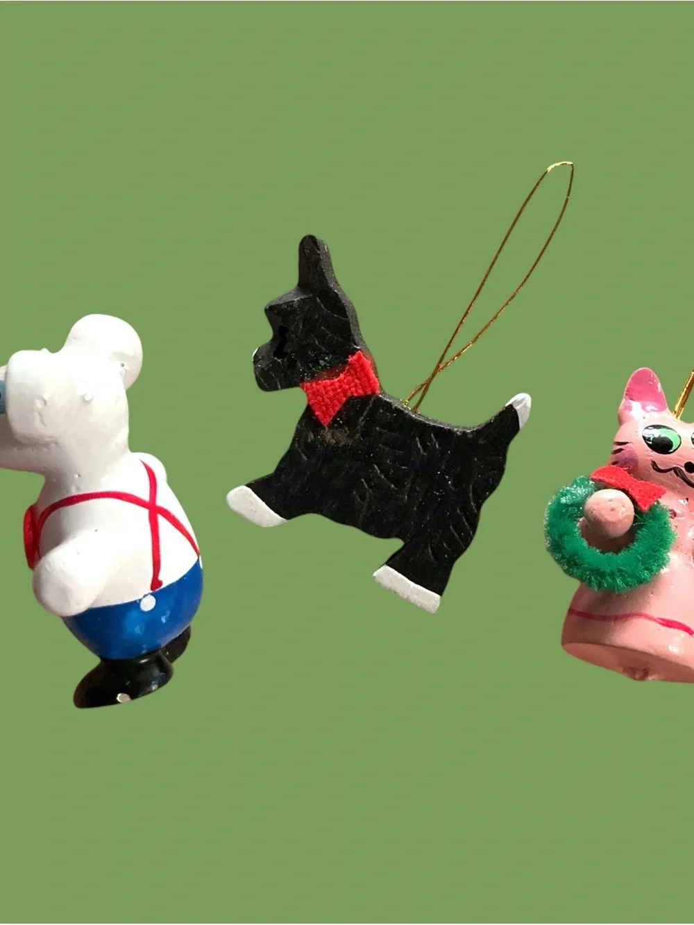 Lot/ 3 Vintage Wooden German Style Christmas Mini Ornaments Scotty Dog Cat Mouse